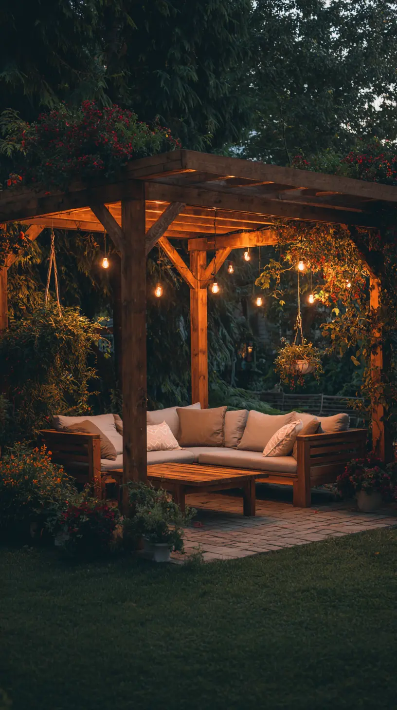 Weave a Net of Warm White String Lights on the Pergola’s Roof and Beams for Elegance