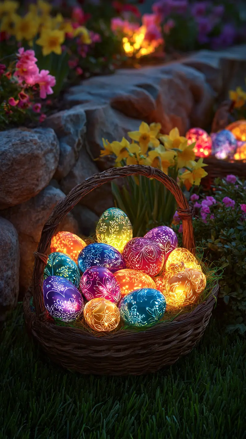 Create a Large Easter Basket in the Garden With Illuminated Egg-Shaped Lights