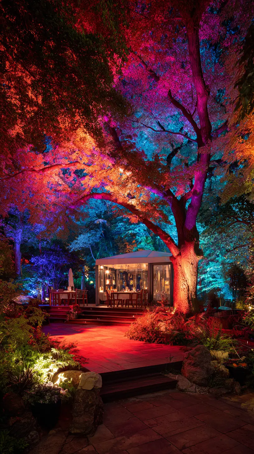 Use Multicolor LED Spotlights for Tree Uplighting and Visual Cohesion Between Your Garden and Patio