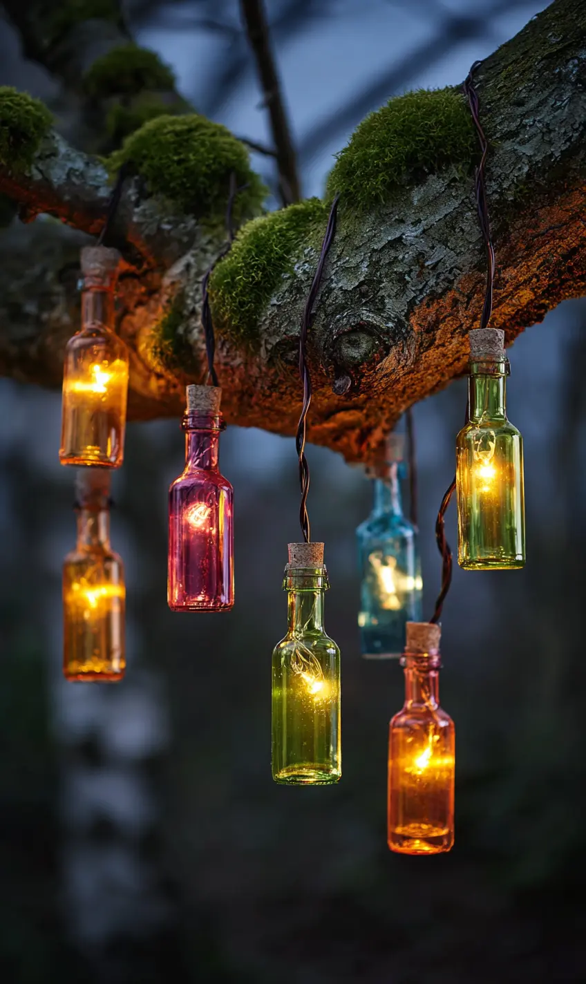 Hang Wine Bottle Lights From Tree Branches for a Romantic Vibe