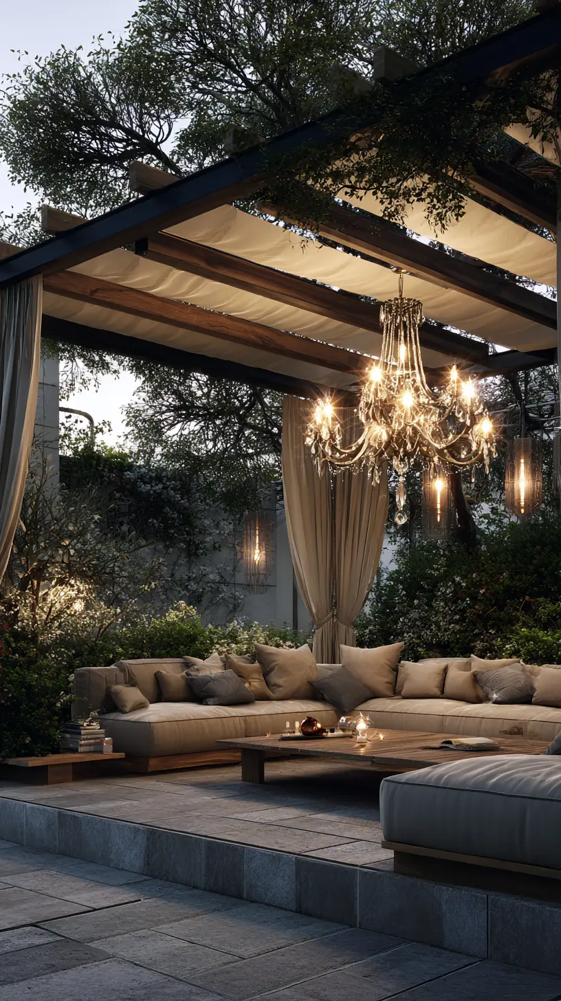 Suspend an Elegant Chandelier Above the Seating Area From the Pergola Roof