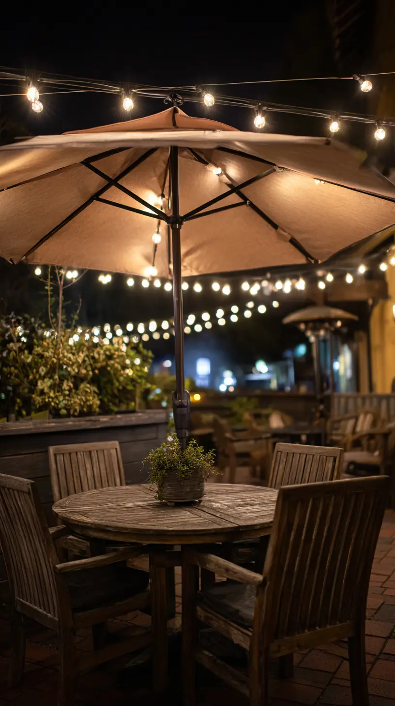 Attach LED String Lights to the Underside of Patio Umbrellas