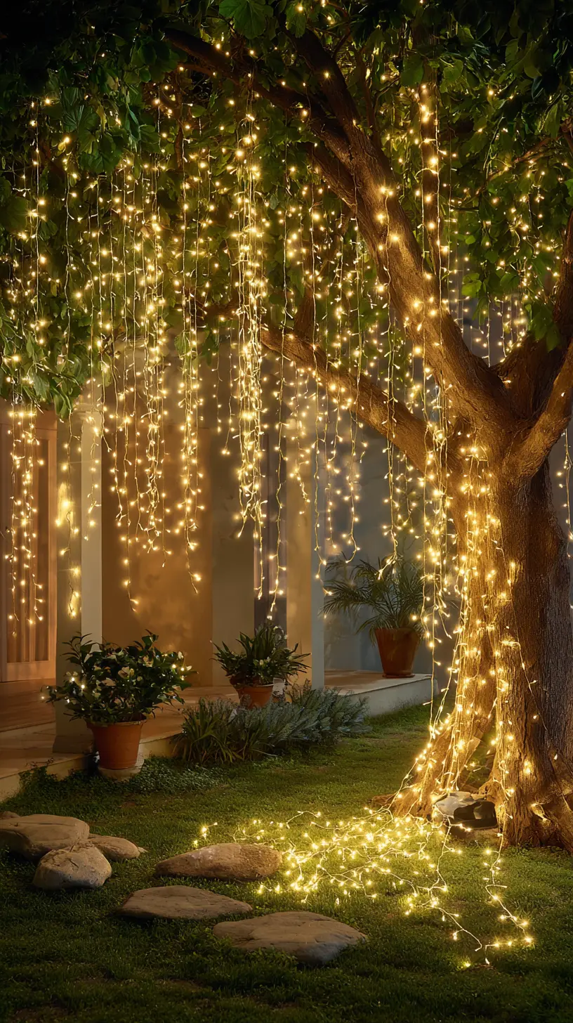 Hang Curtain Lights From Outer Tree Branches for a Waterfall Effect
