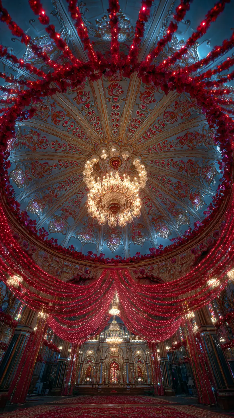 Magnificent Metal Work With a Grand Chandelier and Sign Lights on Pillars