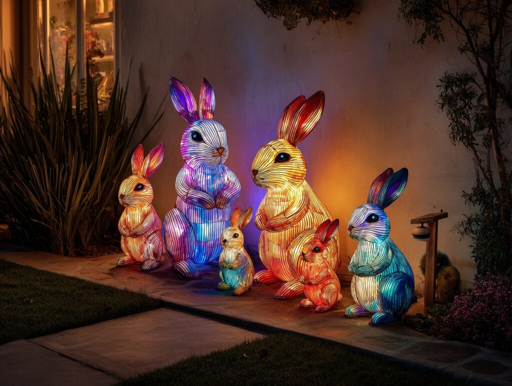 15. Rainbow-Lit Easter Bunny Display

