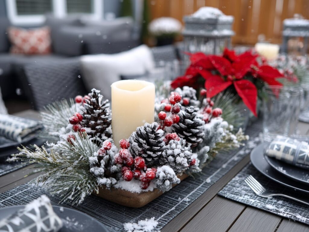 Snow-Kissed Centerpiece for Outdoor Holiday Tables