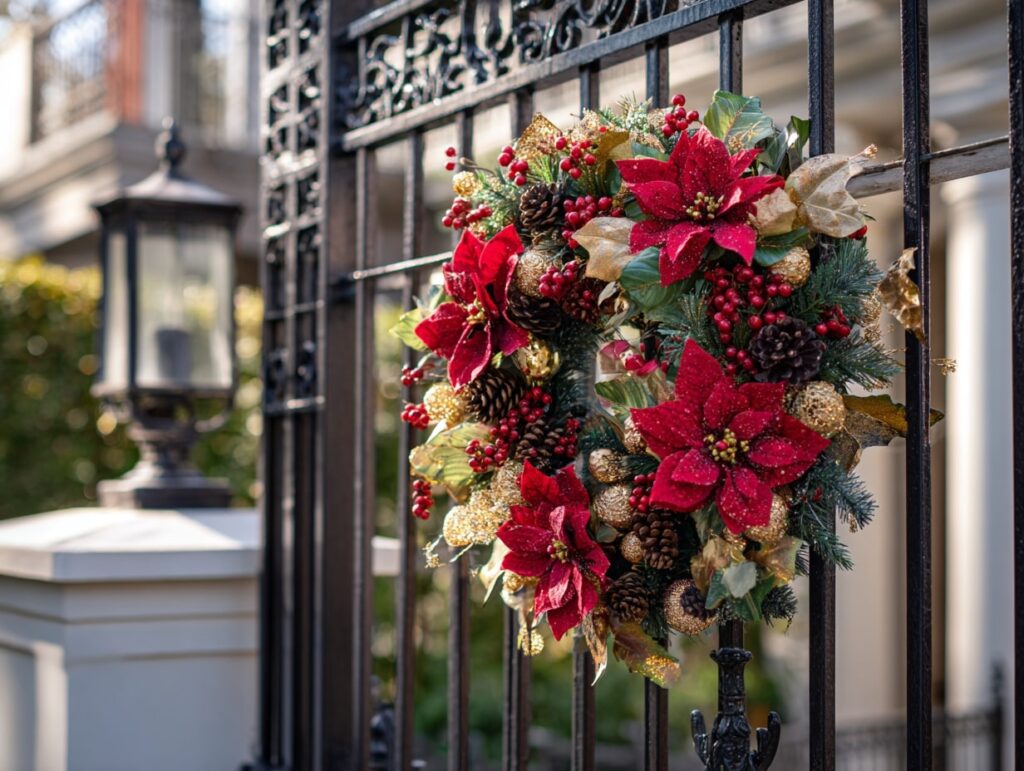 Festive Gate Wreath with Poinsettias and Pinecones