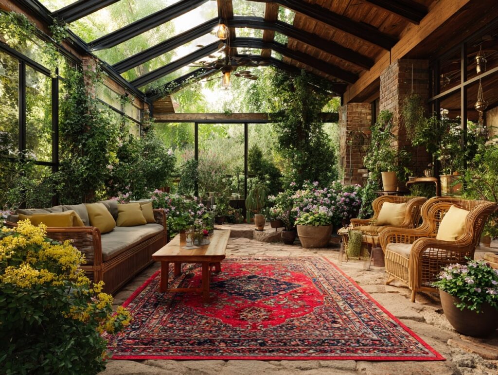 6. Garden Room Retreat with Glass Roof and Vintage Vibes
