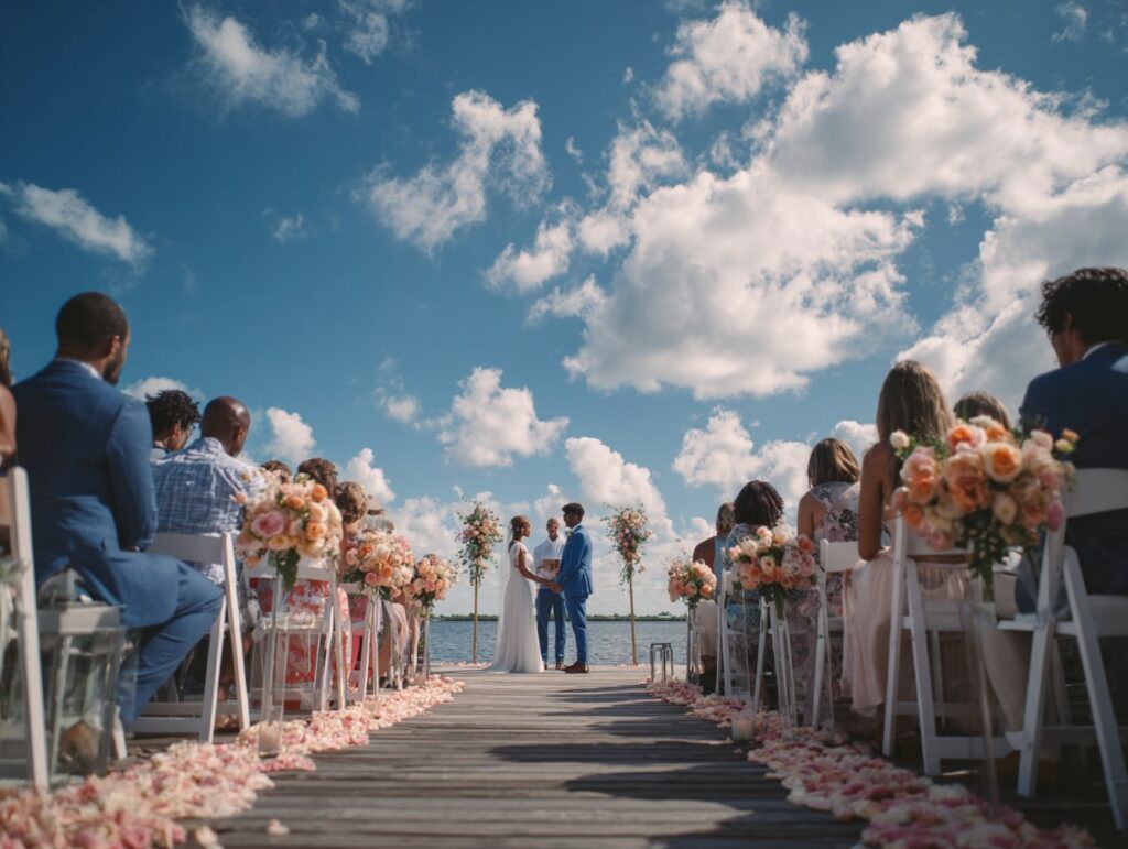 Ceremony on the Dock with Petals and Sky