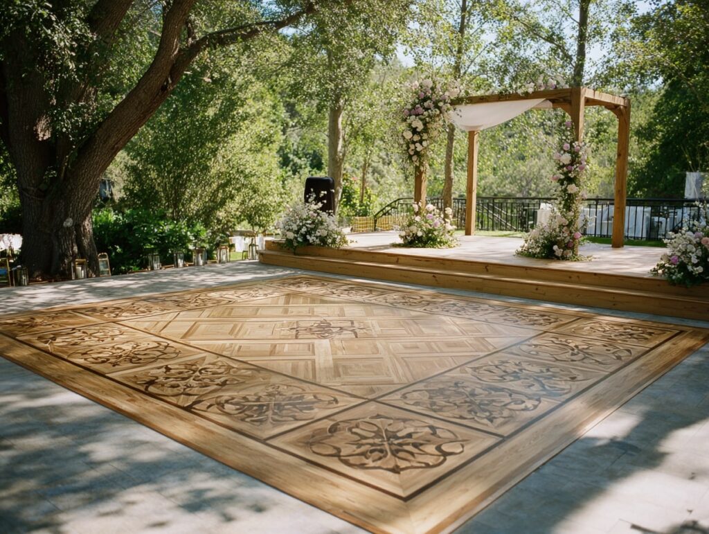 Ornate Wood Dance Floor with Floral Accents

