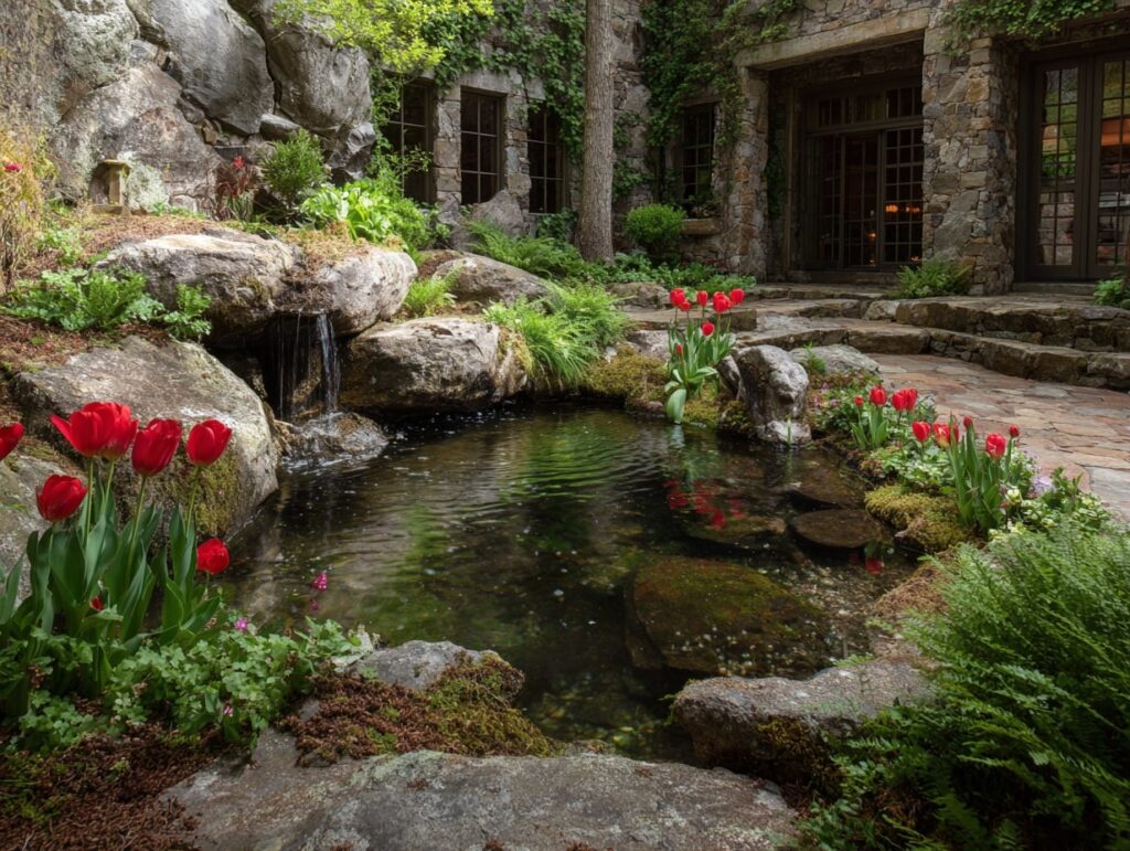 14. Tranquil Pond Garden with Tulip Accents
