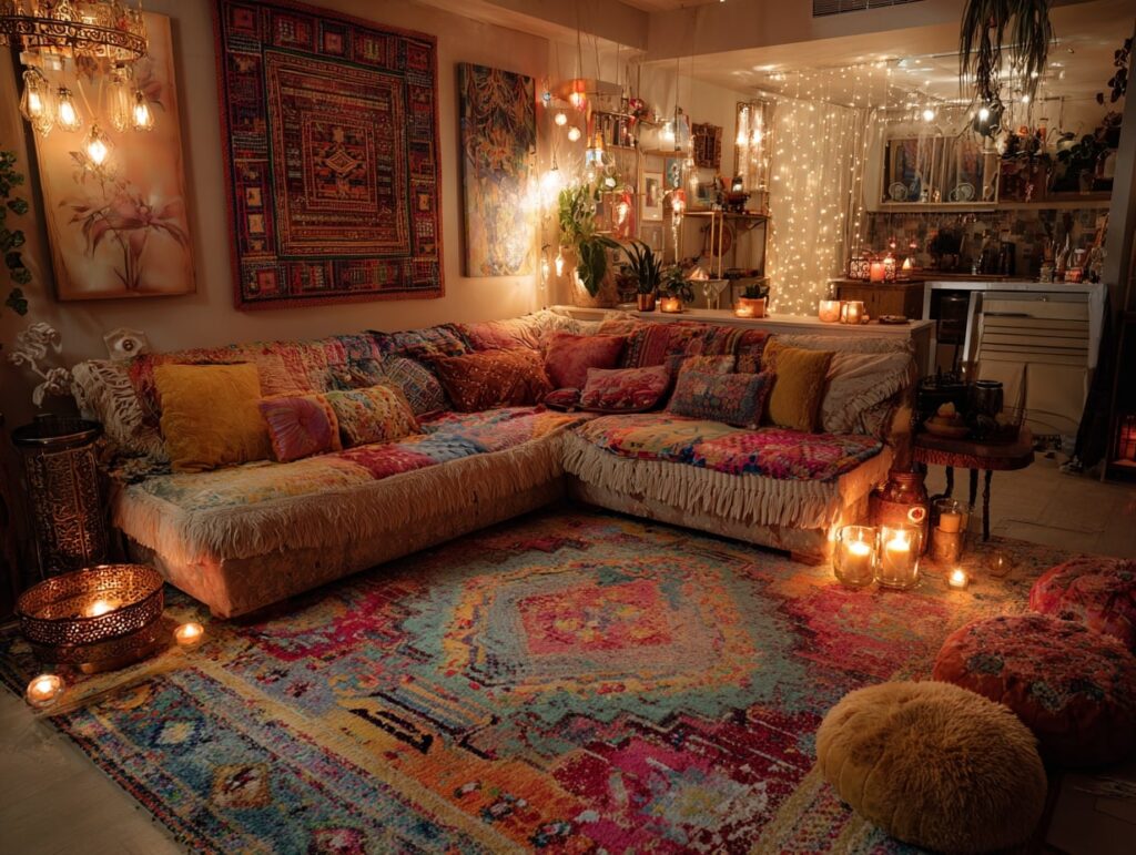 Boho Living Room with Colorful Textiles and Cozy Lighting
