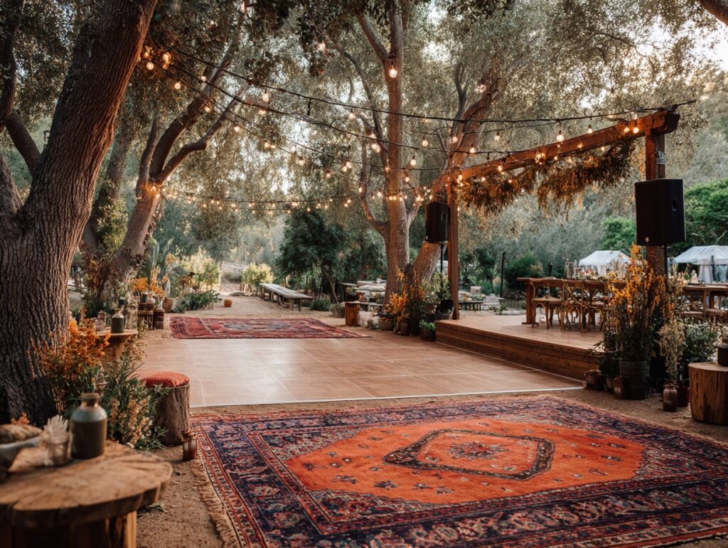 Boho Dance Floor with Vintage Rugs and String Lights

