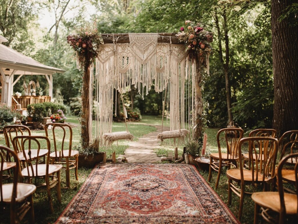 7. Boho Macramé Forest Wedding Stage