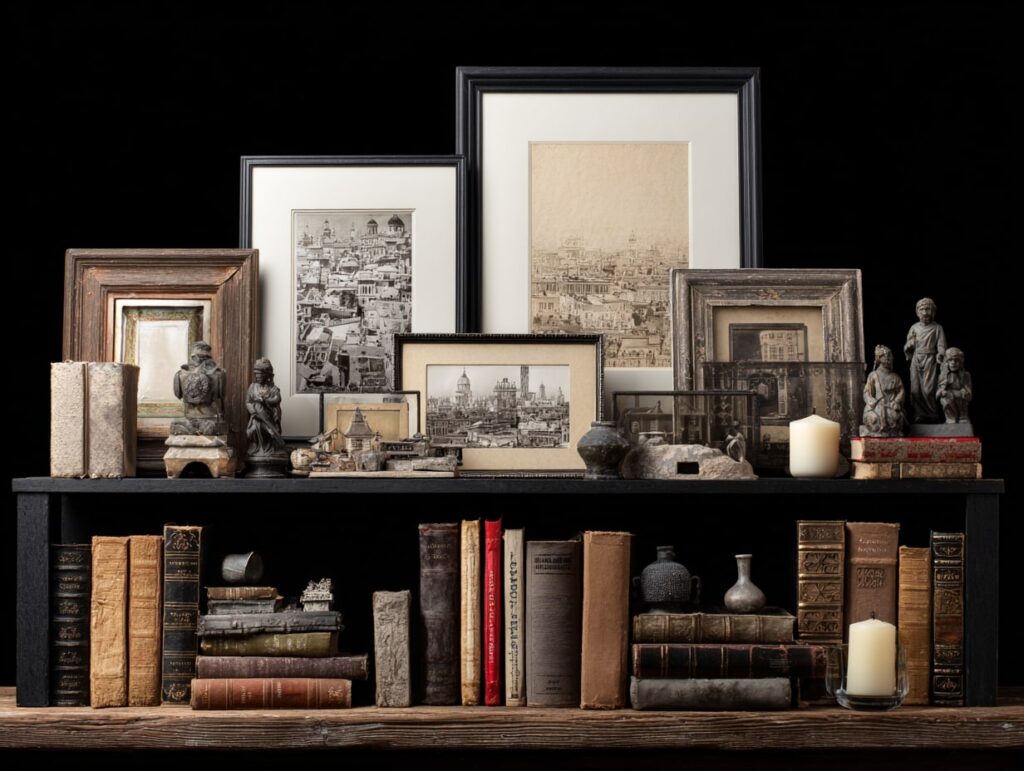 Curated Bookshelves with Antique Artifacts