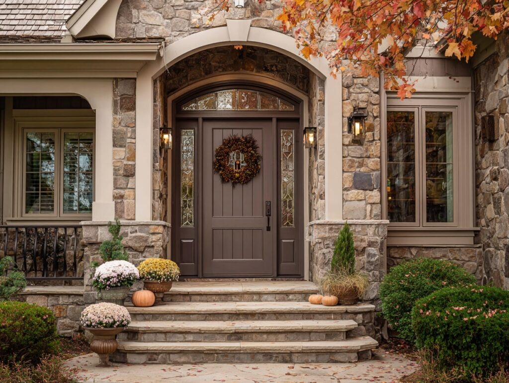 Harvest Front Porch with Mums and Pumpkins