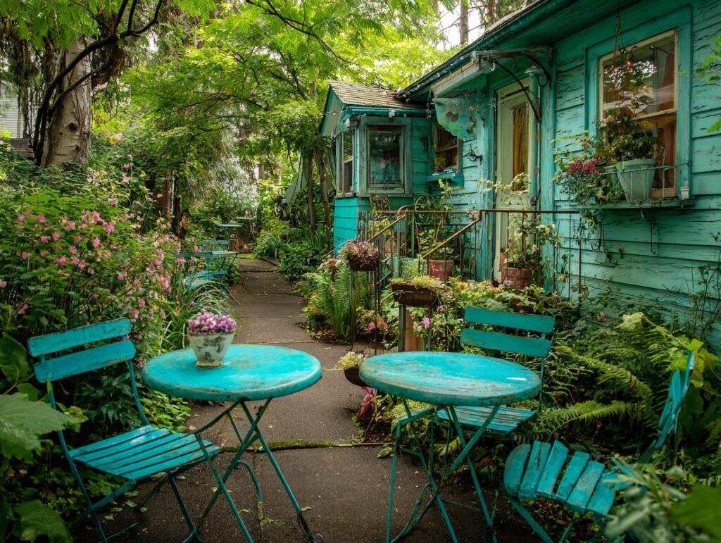 10. Vintage Vibes in a Teal Garden Hideaway
