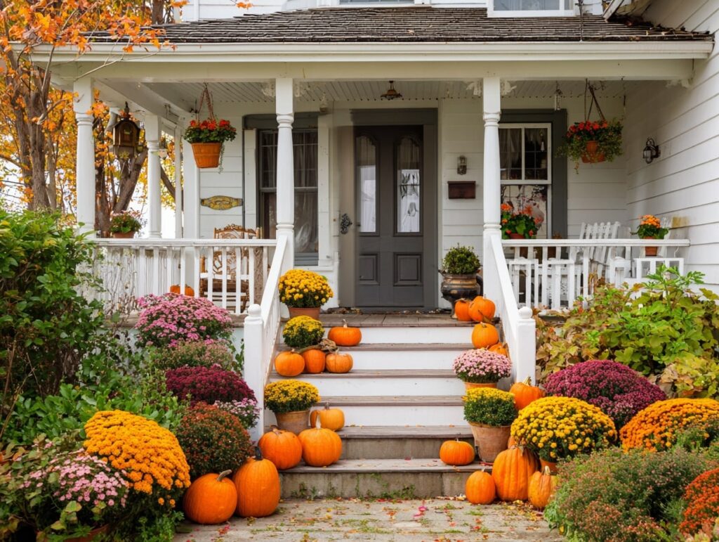 Cheerful Porch with Pumpkins and Colorful Mums