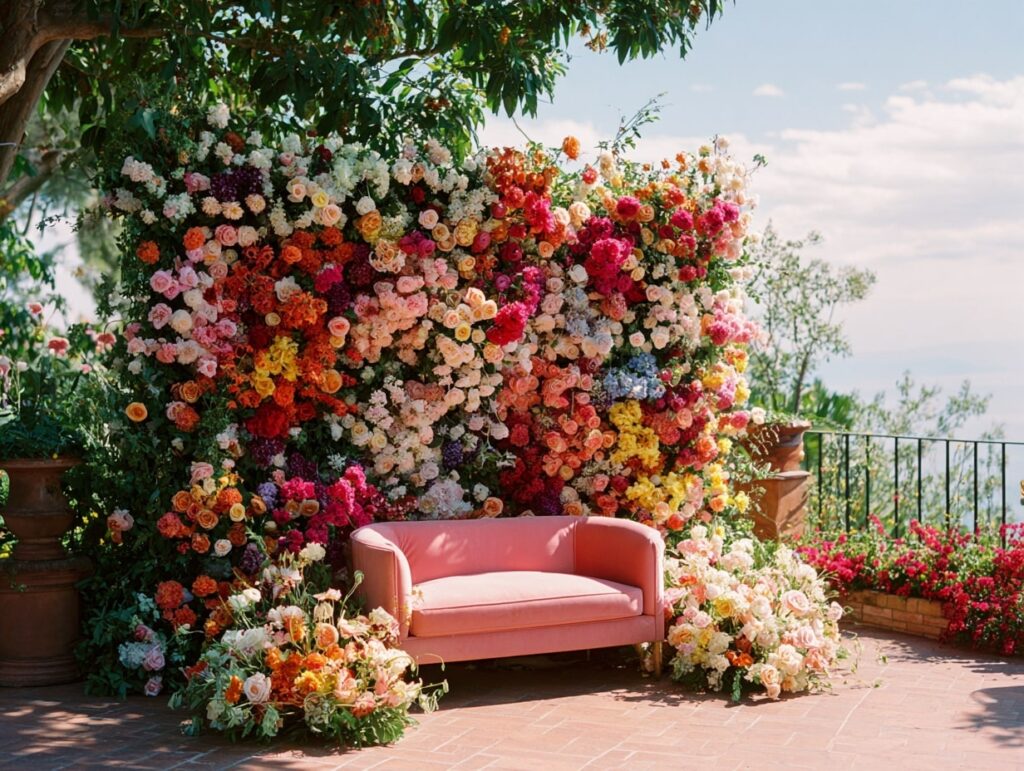 16. Vibrant Floral Wall Wedding Stage