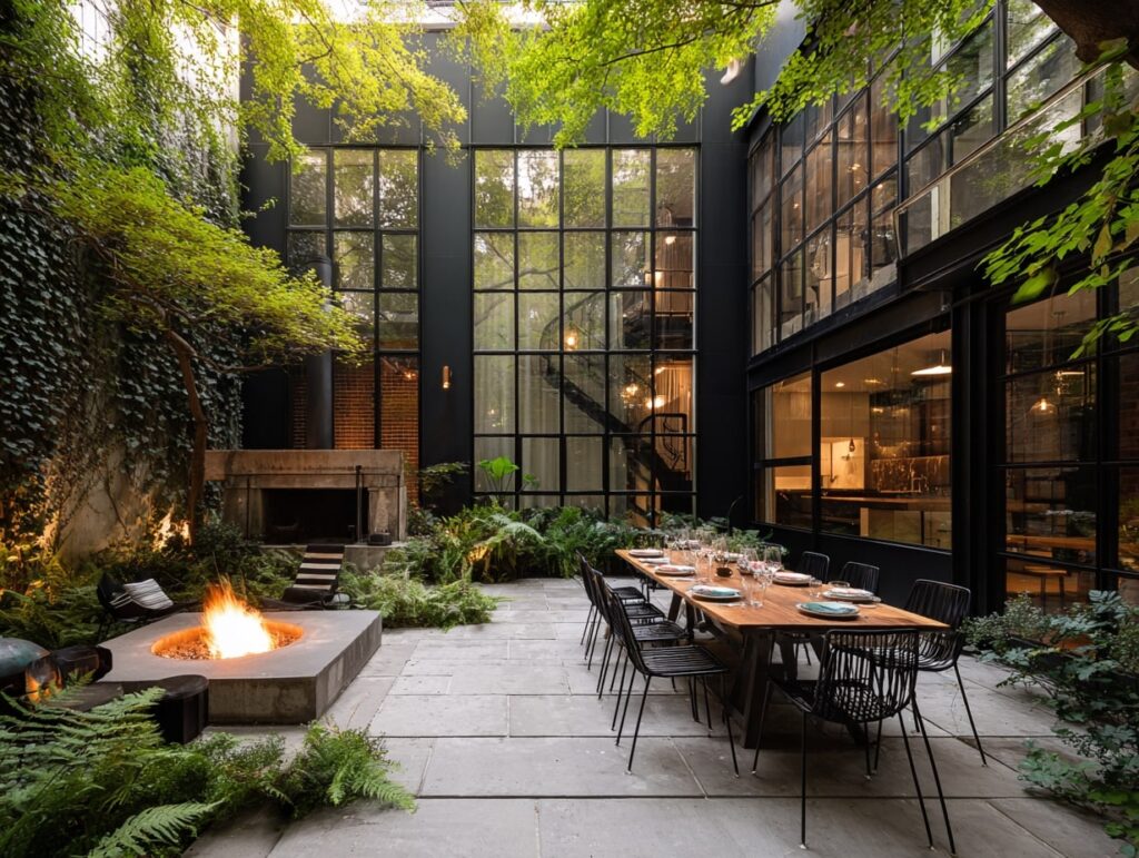 12. Industrial Courtyard Patio with Fire Pit and Dining