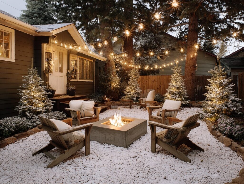Backyard Fire Pit with String Lights and Snowy Pines