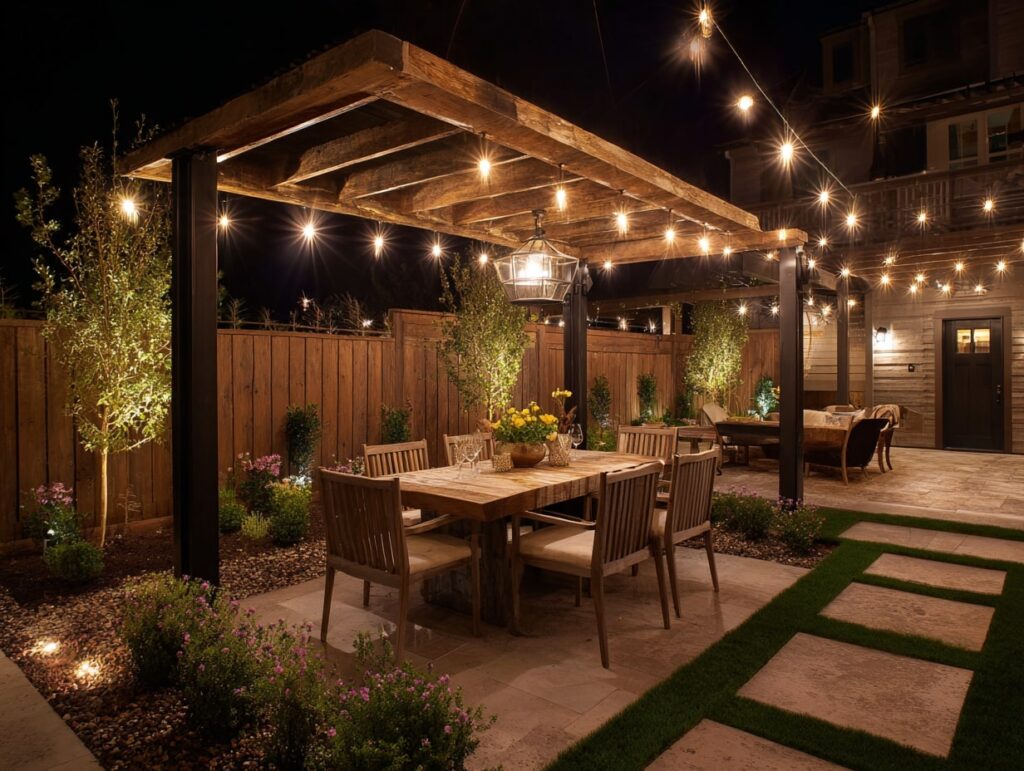 6. String Lights Over a Rustic Patio Dining Space