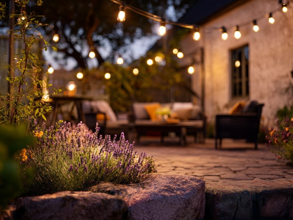 1. Twilight Glow Over Garden Seating

