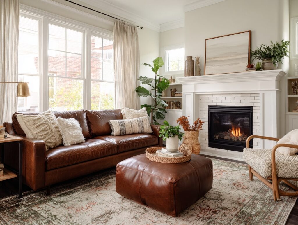 Warm Leather Sofa + Earthy Fireplace Vibes