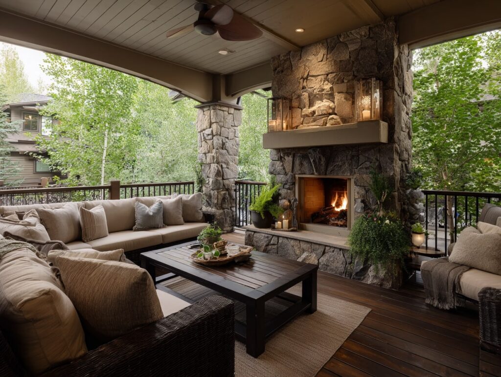 Covered Outdoor Living Room with Stone Fireplace

