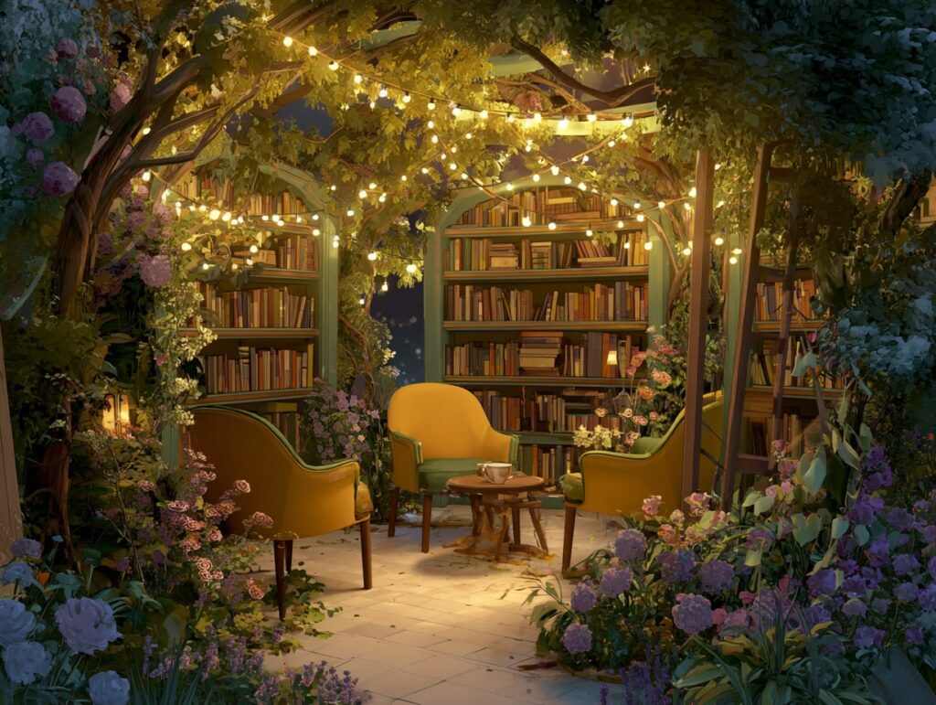 15. Enchanted Garden Library Under the Lights