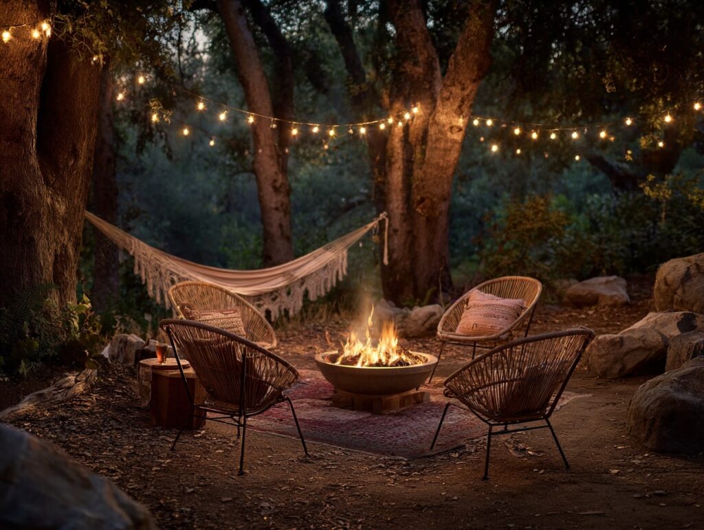 Boho Forest Patio with Fire Pit