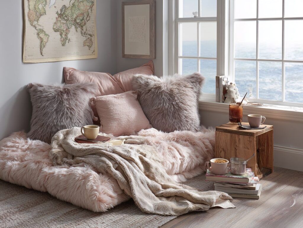 4. Soft and Fluffy Coastal Reading Corner