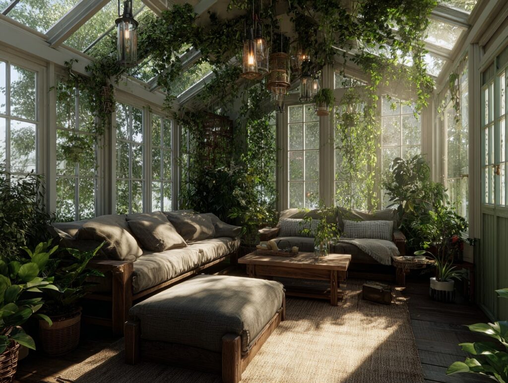 19. Greenhouse Sunroom Wrapped in Vines and Light