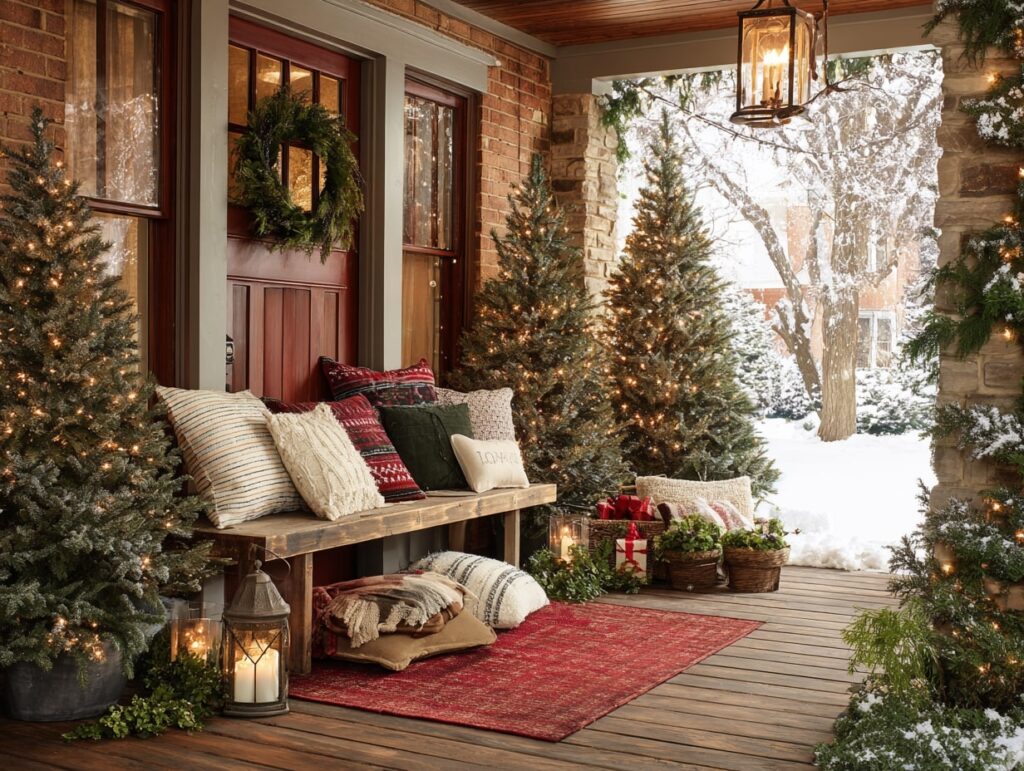 Cozy Christmas Porch with Lit Trees and Cushions