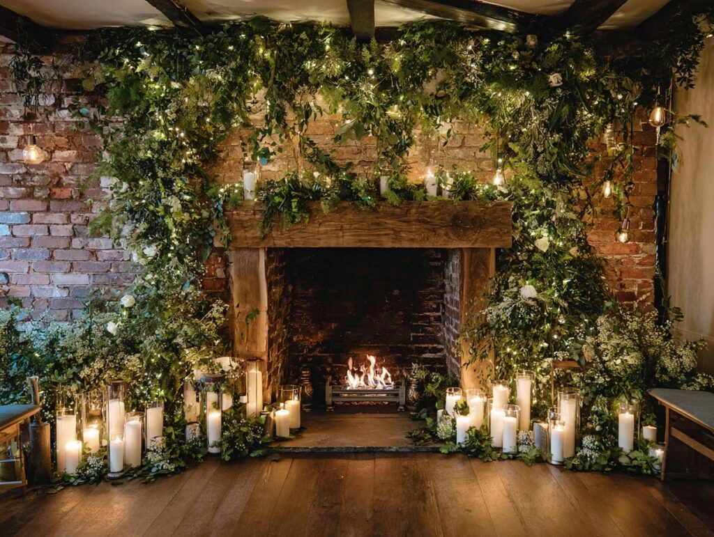 Cozy Fireplace Backdrop with Greenery and Candles
