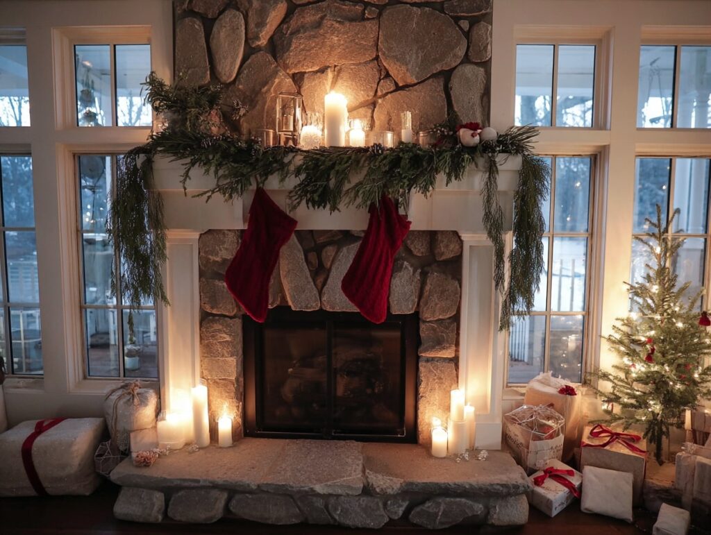 Cozy Christmas Mantel with Candles and Greenery
