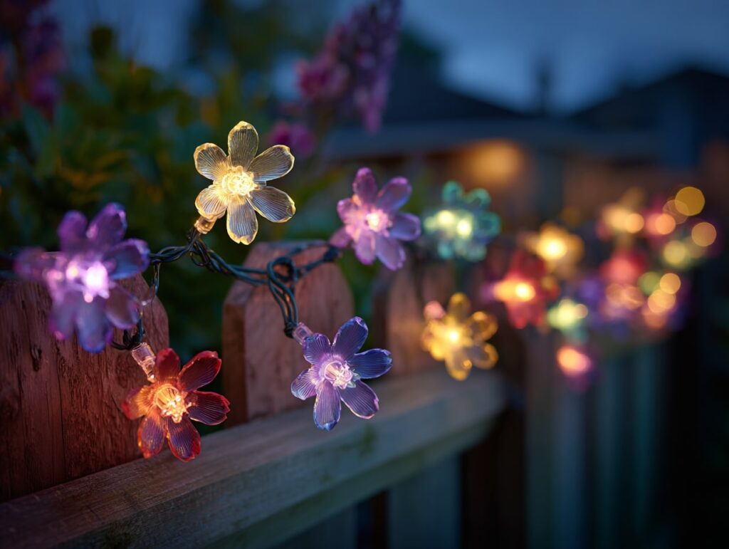 18. Colorful Flower String Lights on Fence

