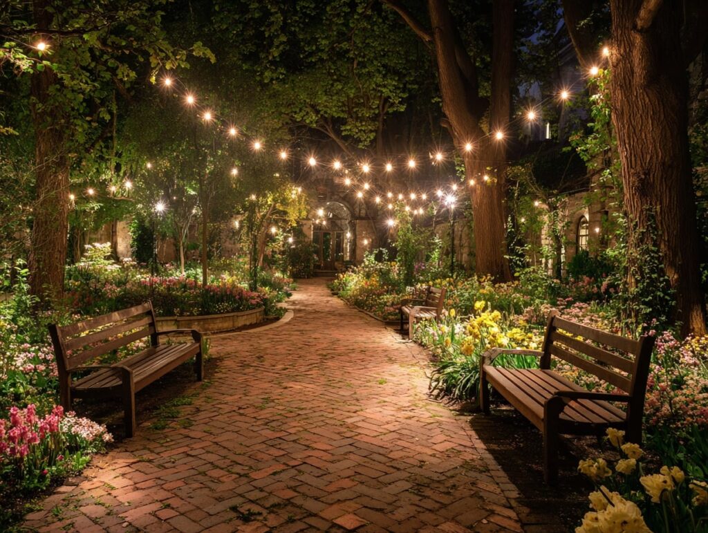 2. Brick Pathway with String Light Canopy