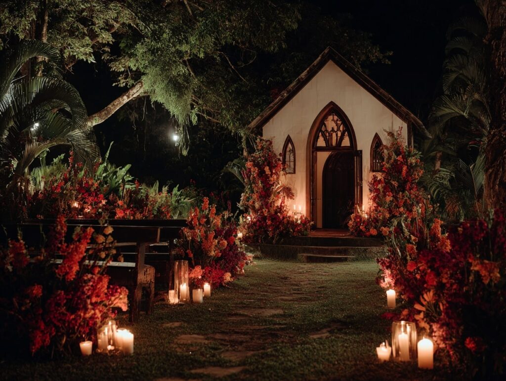 20. Candlelit Chapel Garden Wedding Stage