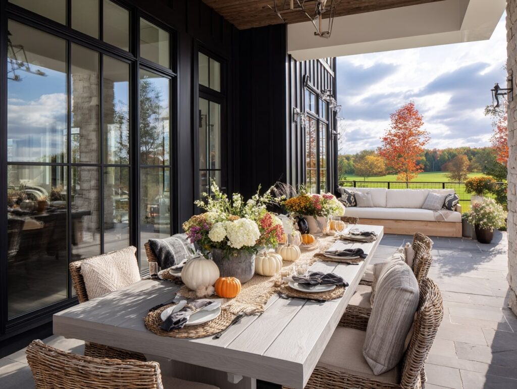 Elegant Fall Porch Dining with Pumpkin Centerpieces