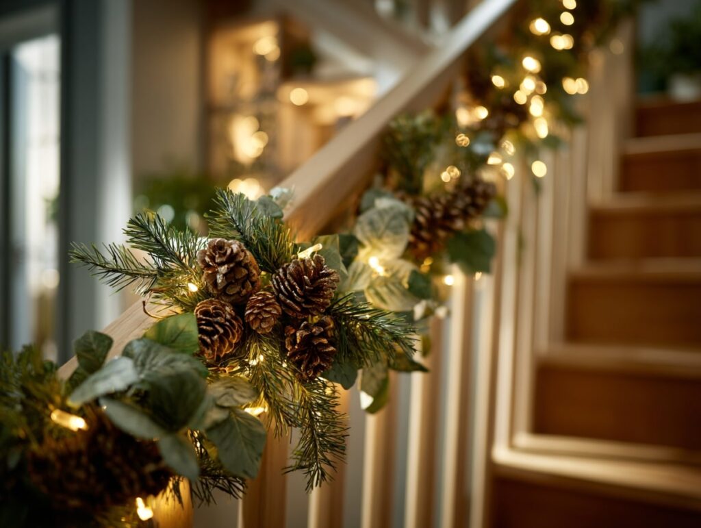 Festive Staircase Garland with Pinecones