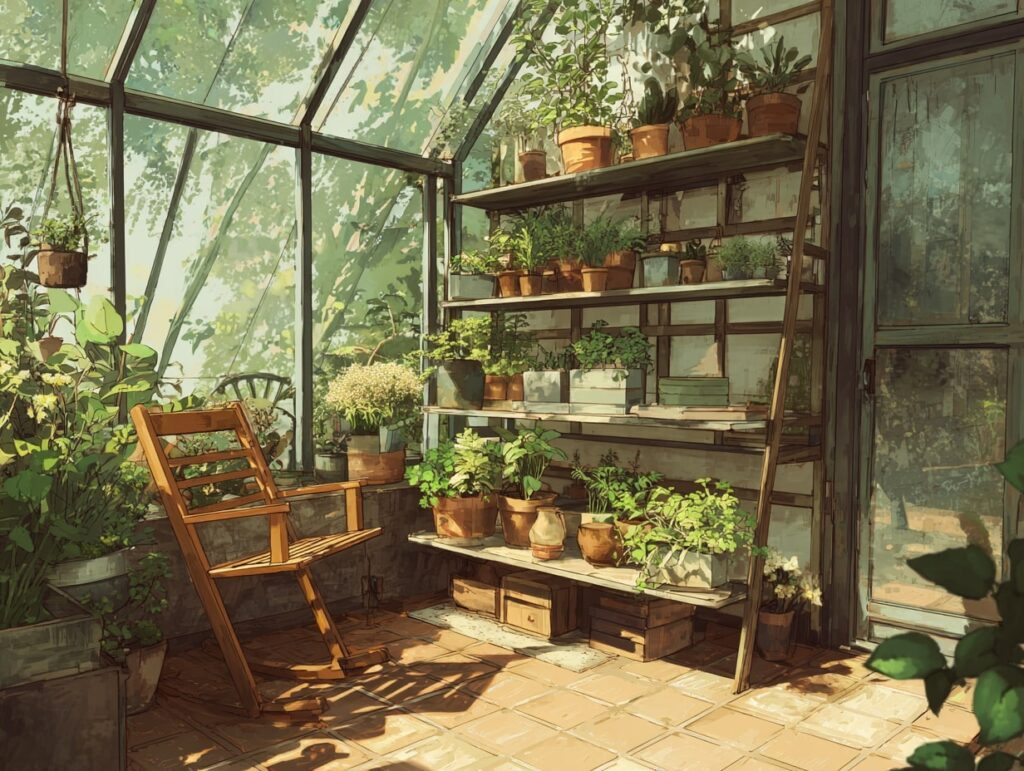 8. Rustic Greenhouse Garden Room with Sunlight and Shelves


