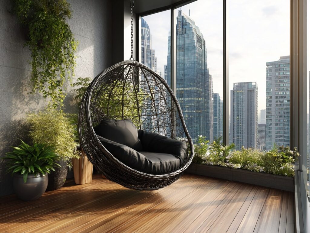 Modern Balcony with Hanging Egg Chair