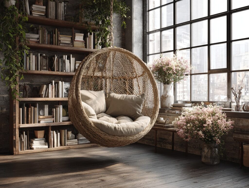 2. Hanging Rattan Egg Chair in Loft Library