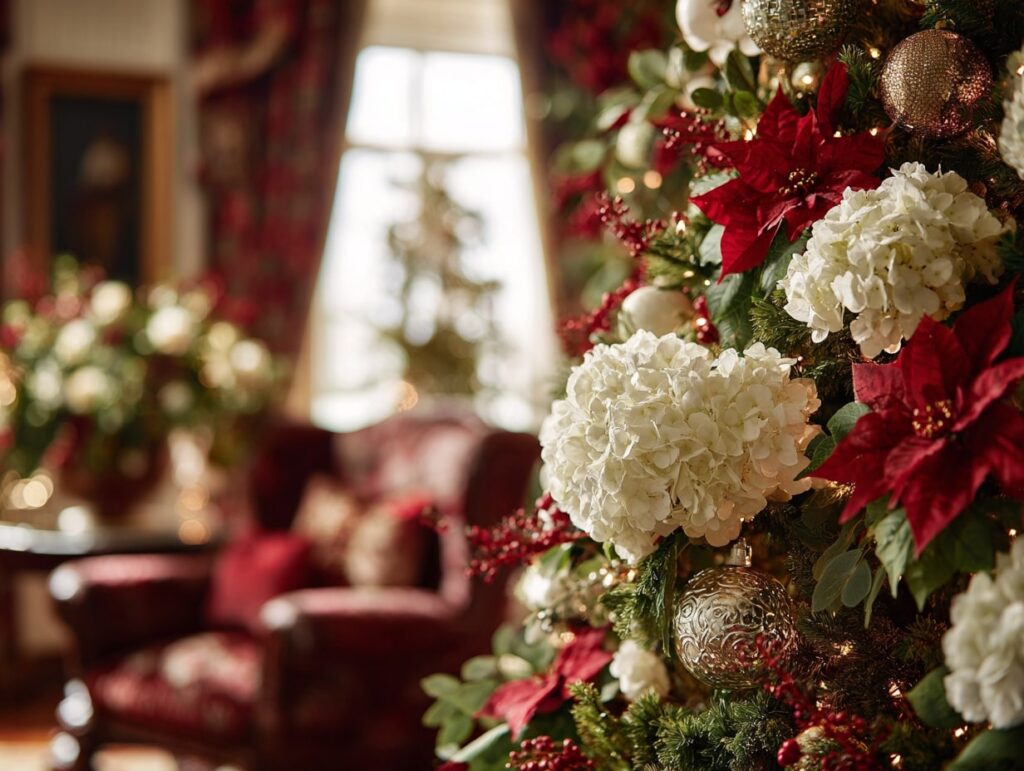 Floral Christmas Tree with Poinsettias and Hydrangeas
