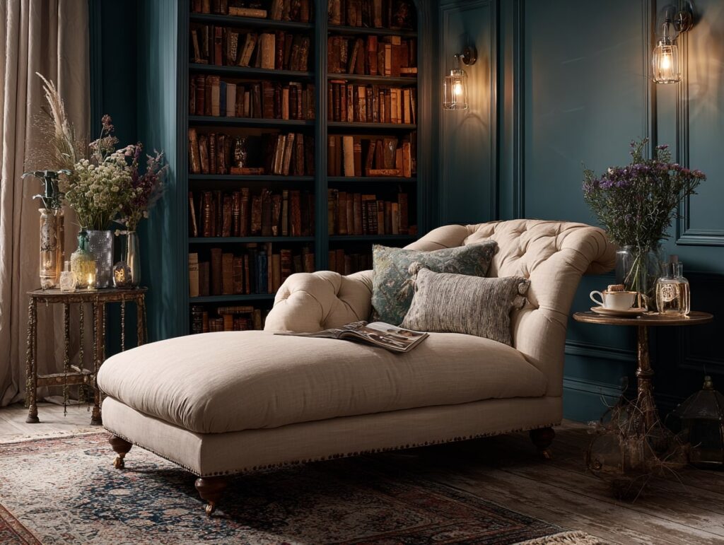 14. Luxe Library Nook with Tufted Chaise