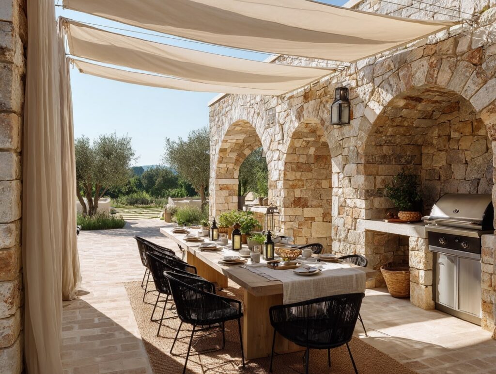 11. Mediterranean Stone Patio with Soft Canvas Shade