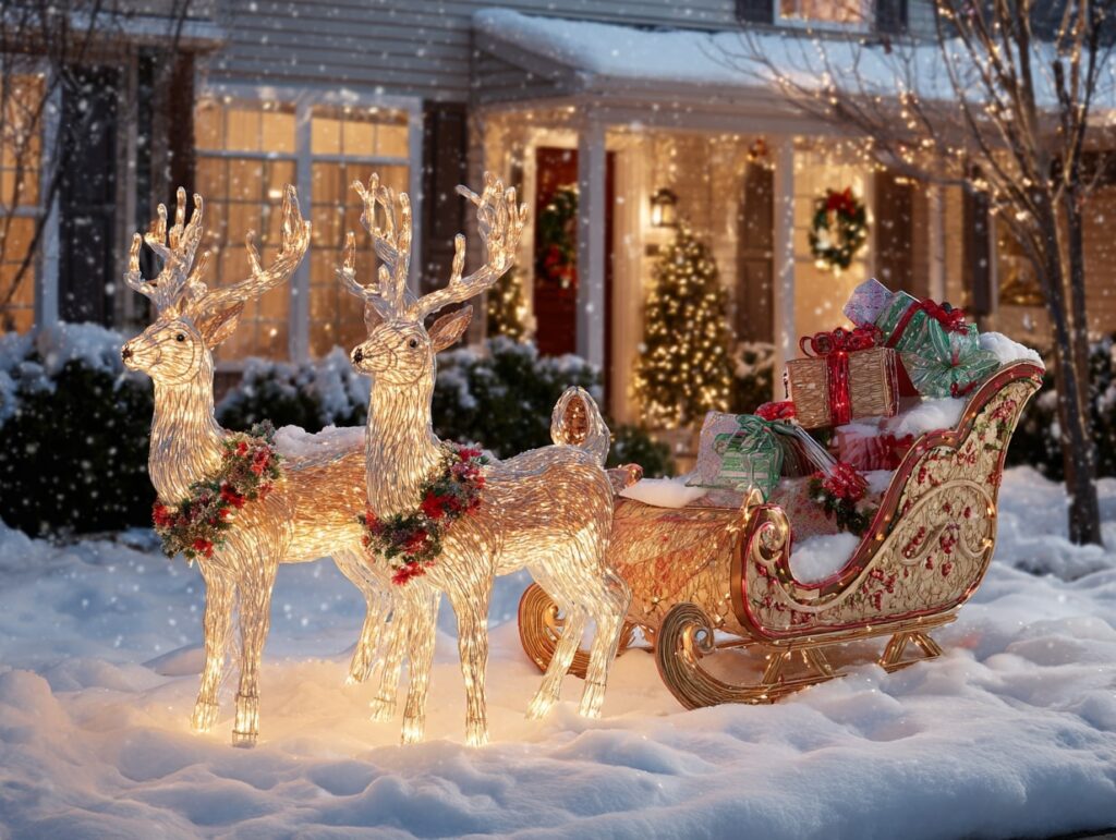 Lighted Reindeer and Gift-Filled Sleigh Display