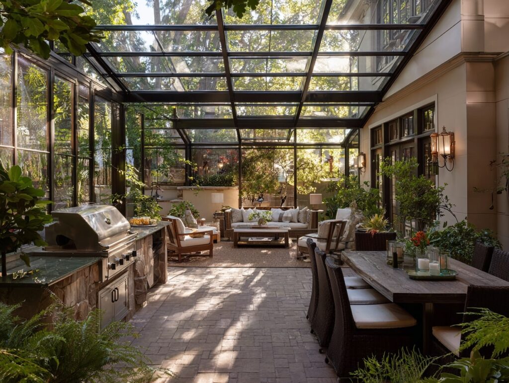 12. Glass-Covered Patio with Outdoor Living and Grill Space