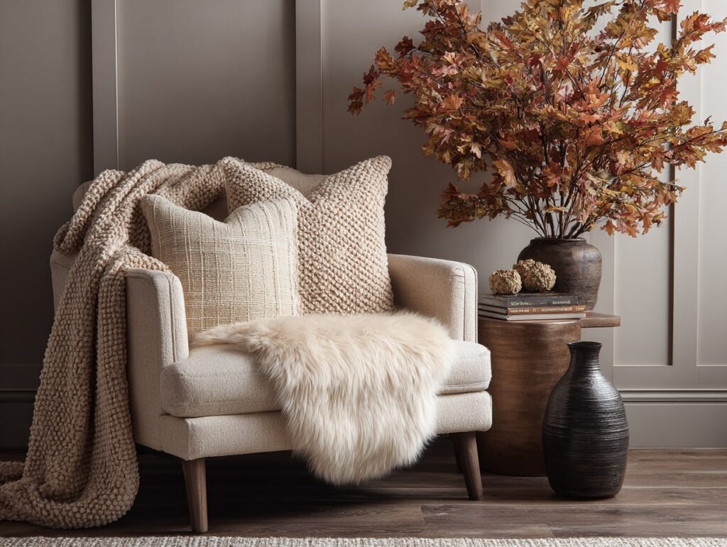 5. Cozy Beige Reading Nook with Autumn Flair